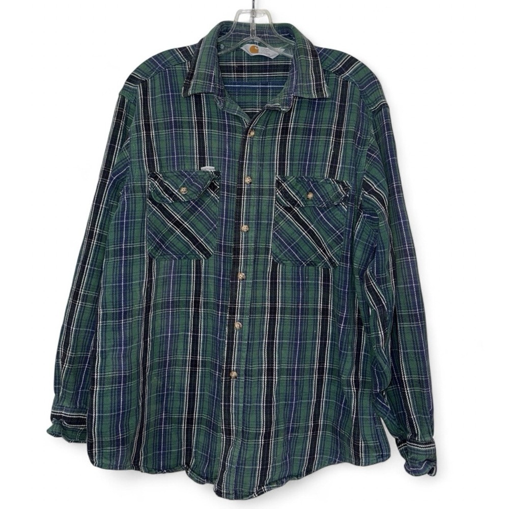 Vintage 90s Carhartt Flannel Shirt Mens M Green Plaid Rugged Outdoor Workwear